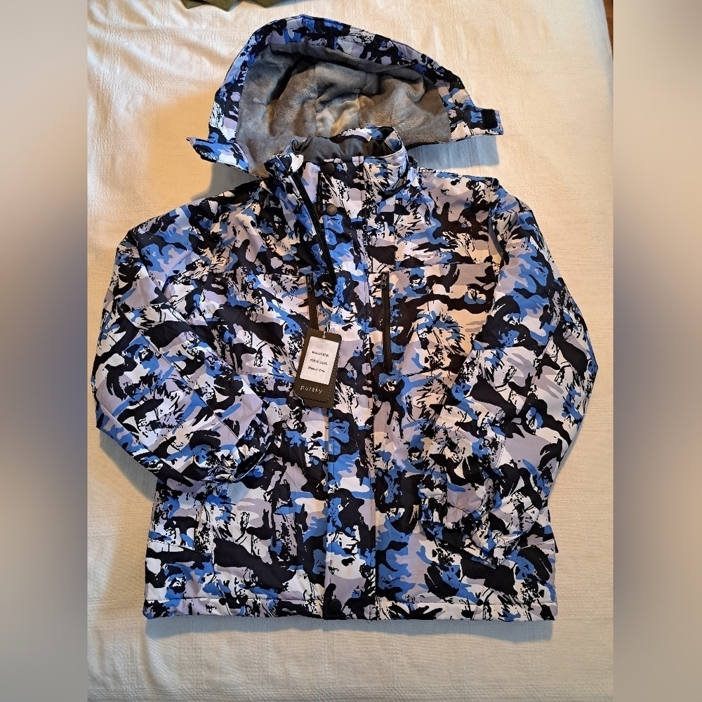 Pursky boys size 10/12 blue and white fuzzy lined warm winter jacket, New
